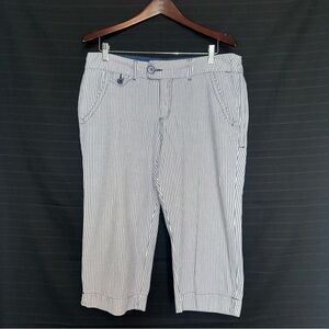 Blue Epic Blue and White Stripe Seersucker Cropped Capri Clamdigger Pants 16